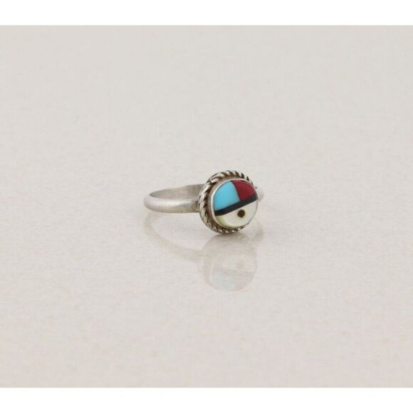 Sterling Silver Turquoise Coral Onyx Mother of Pearl Zuni Face Ring Size 4 1/2 - Picture 3 of 7